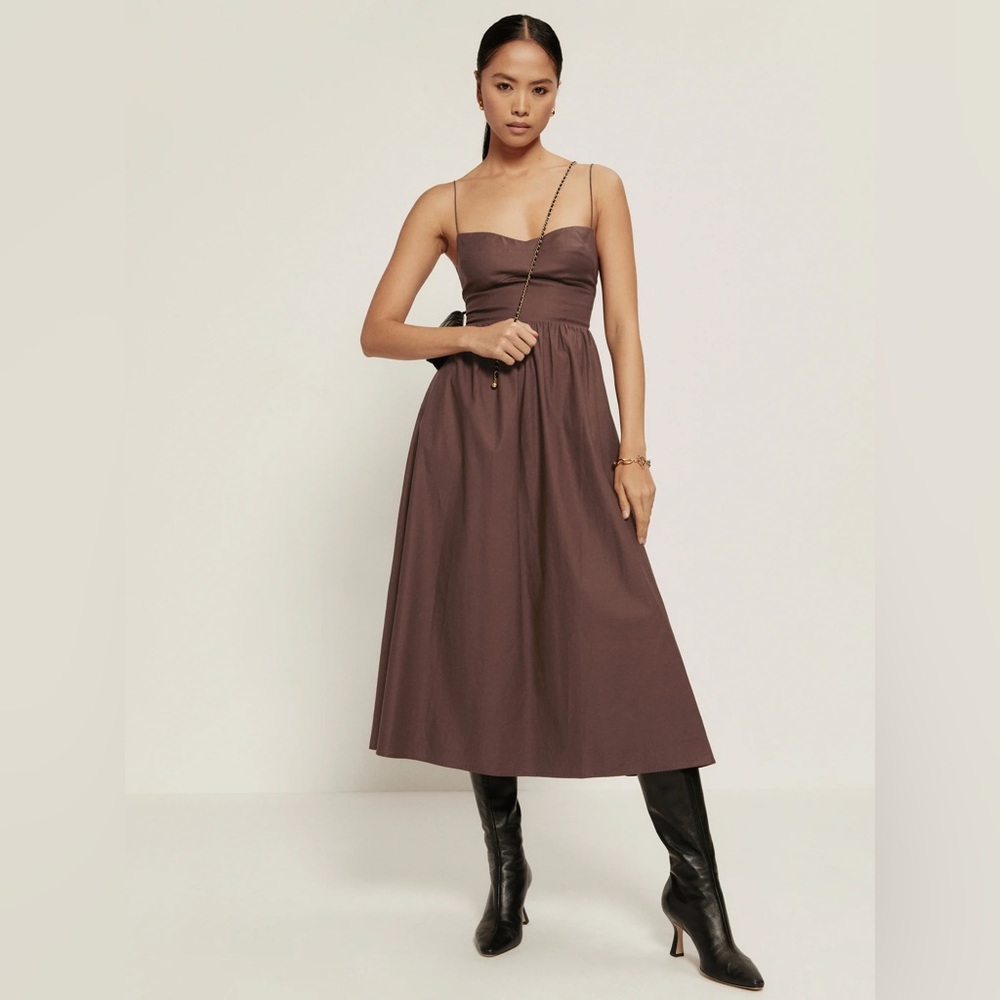 NWT New With Tags Reformation 1950s Style Vinny Midi Dress in Cafe Size 0 or XS - Picture 2 of 8